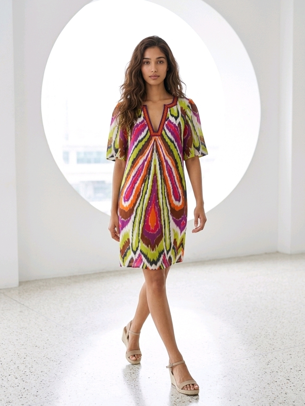 Trina Turk Silk Abstract Multi Color Print Shift Dress